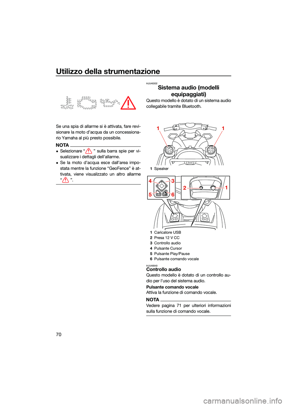 YAMAHA FX SVHO 2022  Manuale duso (in Italian) Utilizzo della strumentazione
70
Se una spia di allarme si è attivata, fare revi-
sionare la moto d’acqua da un concessiona-
rio Yamaha al più presto possibile.
NOTA
Selezionare “ ” sulla b