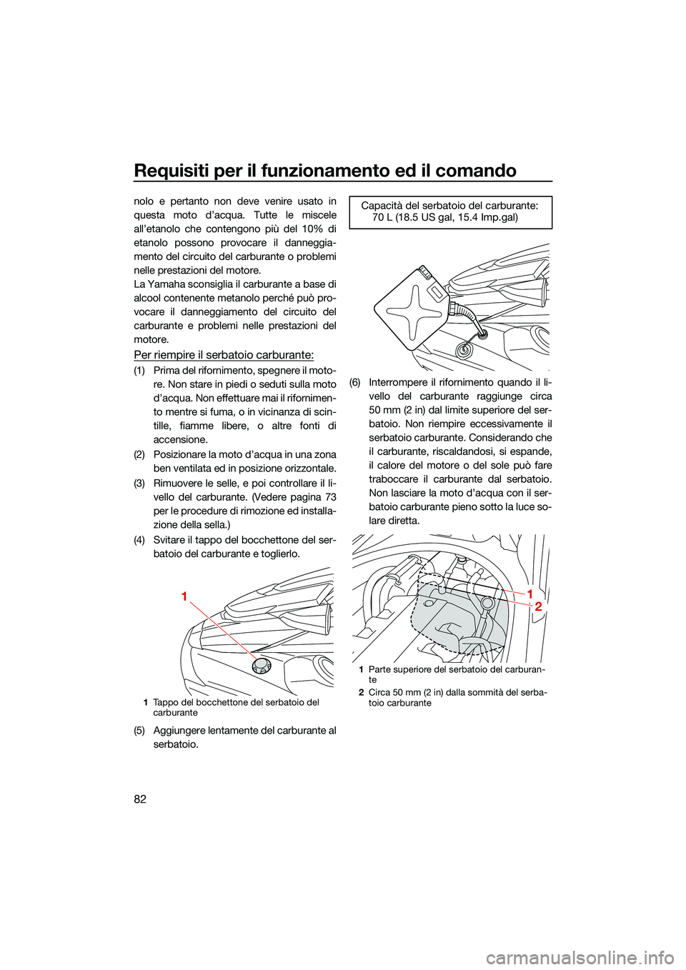 YAMAHA FX SVHO 2022 Manuale duso (in Italian) Requisiti per il funzionamento ed il comando
82
nolo e pertanto non deve venire usato in
questa moto d’acqua. Tutte le miscele
all’etanolo che contengono più del 10% di
etanolo possono provocare YAMAHA FX SVHO 2022 Manuale duso (in Italian) Requisiti per il funzionamento ed il comando
82
nolo e pertanto non deve venire usato in
questa moto d’acqua. Tutte le miscele
all’etanolo che contengono più del 10% di
etanolo possono provocare