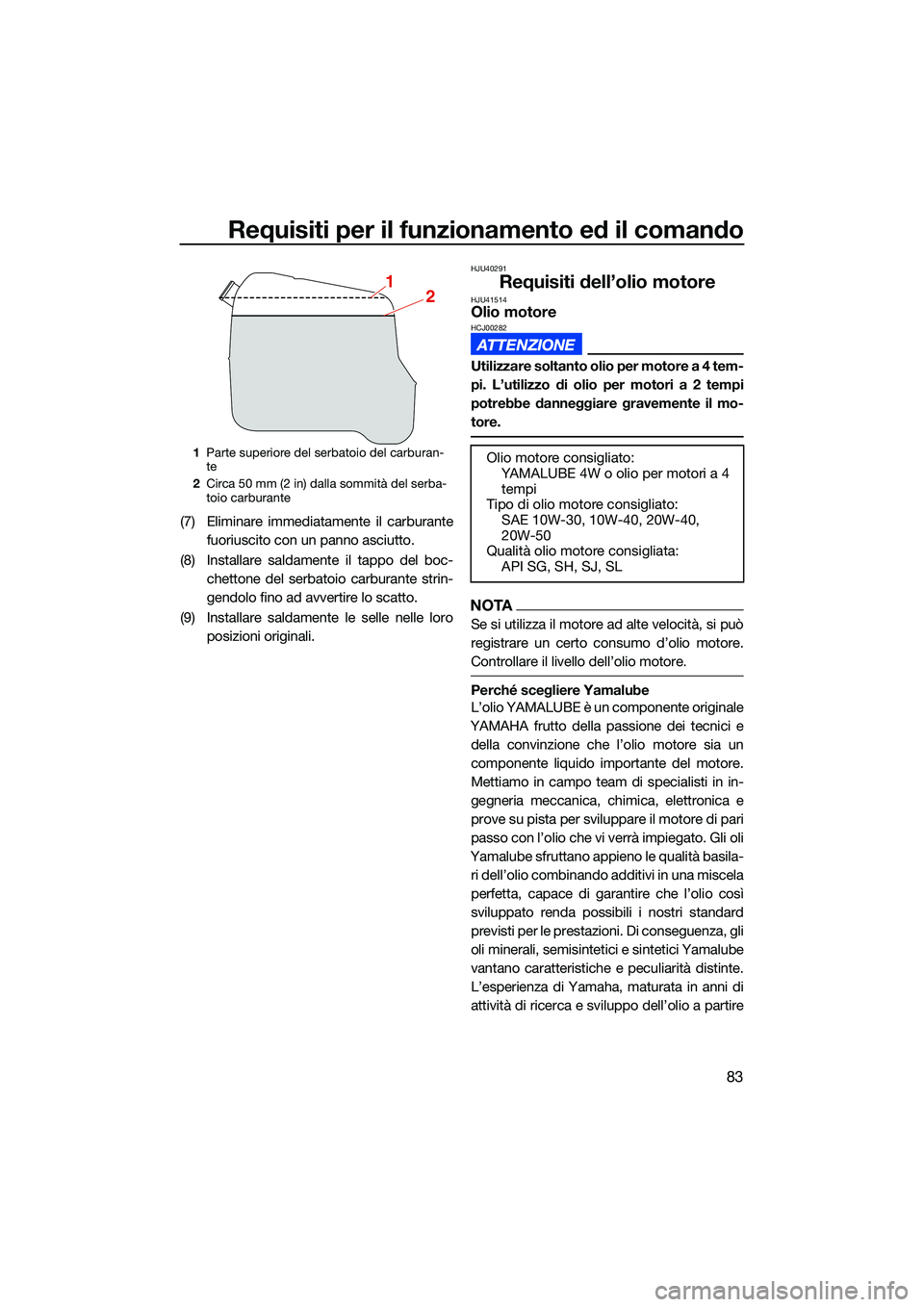 YAMAHA FX SVHO 2022 Manuale duso (in Italian) Requisiti per il funzionamento ed il comando
83
(7) Eliminare immediatamente il carburantefuoriuscito con un panno asciutto.
(8) Installare saldamente il tappo del boc- chettone del serbatoio carburan YAMAHA FX SVHO 2022 Manuale duso (in Italian) Requisiti per il funzionamento ed il comando
83
(7) Eliminare immediatamente il carburantefuoriuscito con un panno asciutto.
(8) Installare saldamente il tappo del boc- chettone del serbatoio carburan