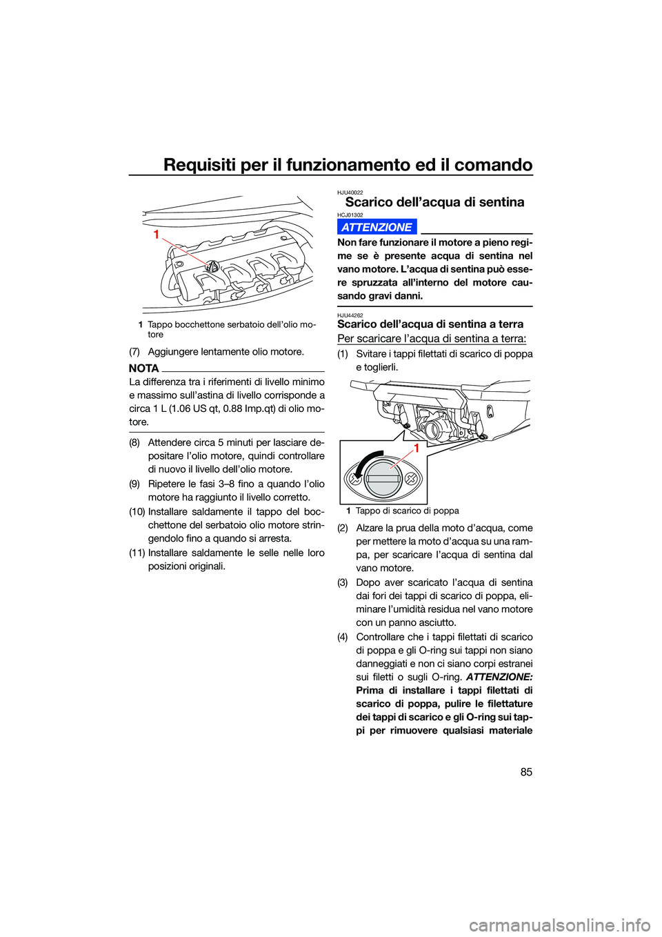 YAMAHA FX SVHO 2022 Manuale duso (in Italian) Requisiti per il funzionamento ed il comando
85
(7) Aggiungere lentamente olio motore.
NOTA
La differenza tra i riferimenti di livello minimo
e massimo sull’astina di livello corrisponde a
circa 1 L YAMAHA FX SVHO 2022 Manuale duso (in Italian) Requisiti per il funzionamento ed il comando
85
(7) Aggiungere lentamente olio motore.
NOTA
La differenza tra i riferimenti di livello minimo
e massimo sull’astina di livello corrisponde a
circa 1 L