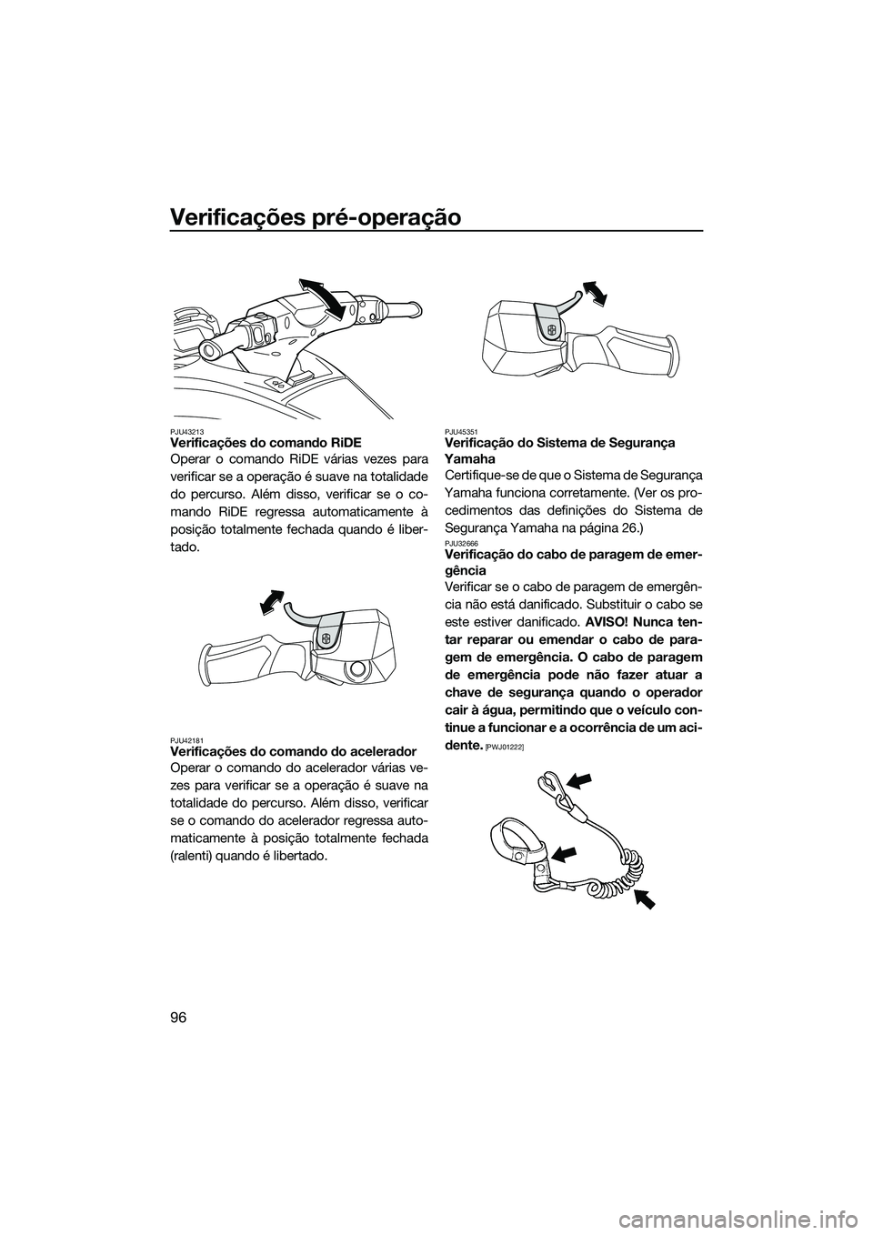YAMAHA FX SVHO 2022  Manual de utilização (in Portuguese) Verificações pré-operação
96
PJU43213Verificações do comando RiDE 
Operar o comando RiDE várias vezes para
verificar se a operação é suave na totalidade
do percurso. Além disso, verificar 
