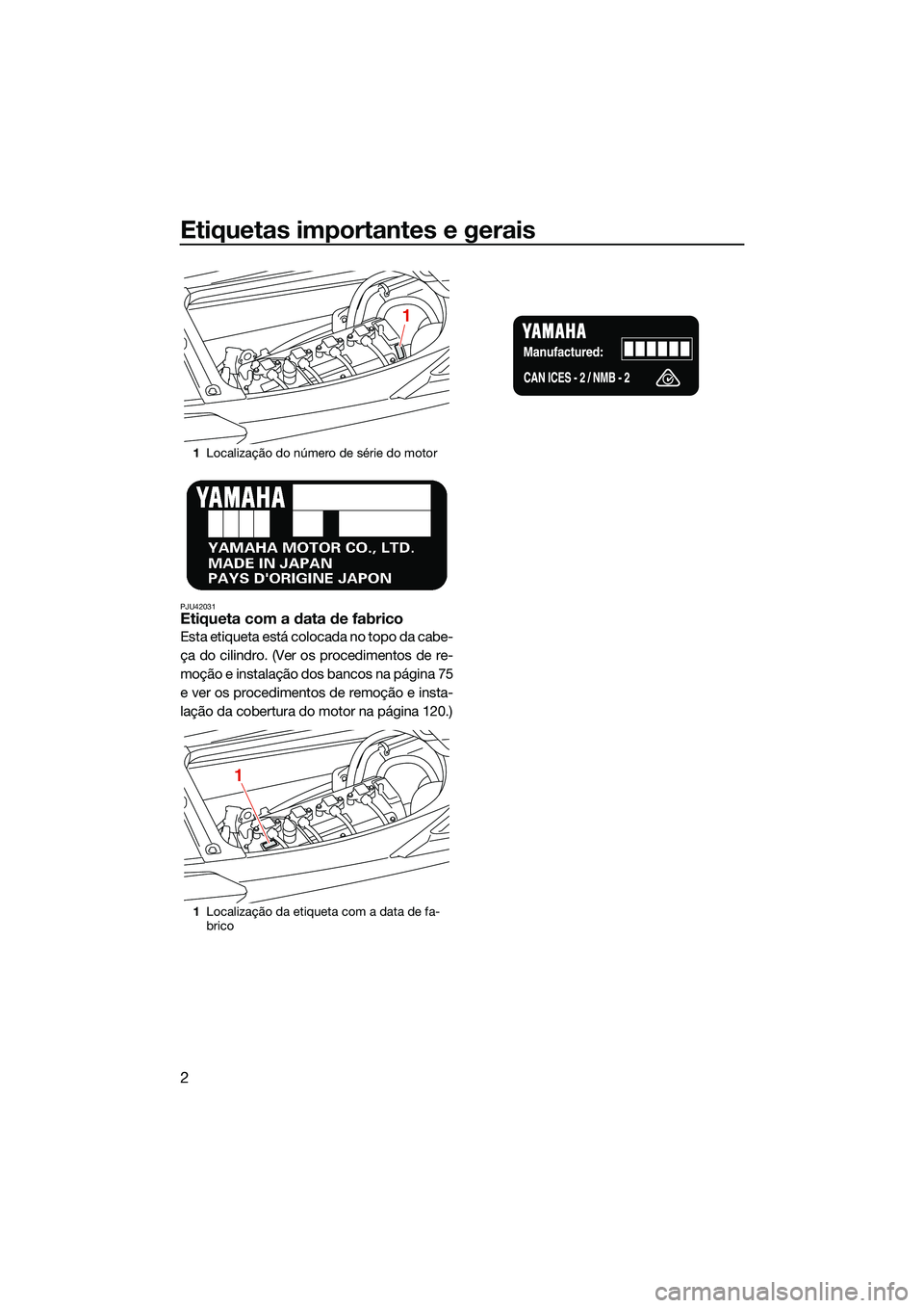 YAMAHA FX SVHO 2022  Manual de utilização (in Portuguese) Etiquetas importantes e gerais
2
PJU42031Etiqueta com a data de fabrico
Esta etiqueta está colocada no topo da cabe-
ça do cilindro. (Ver os procedimentos de re-
moção e instalação dos bancos na