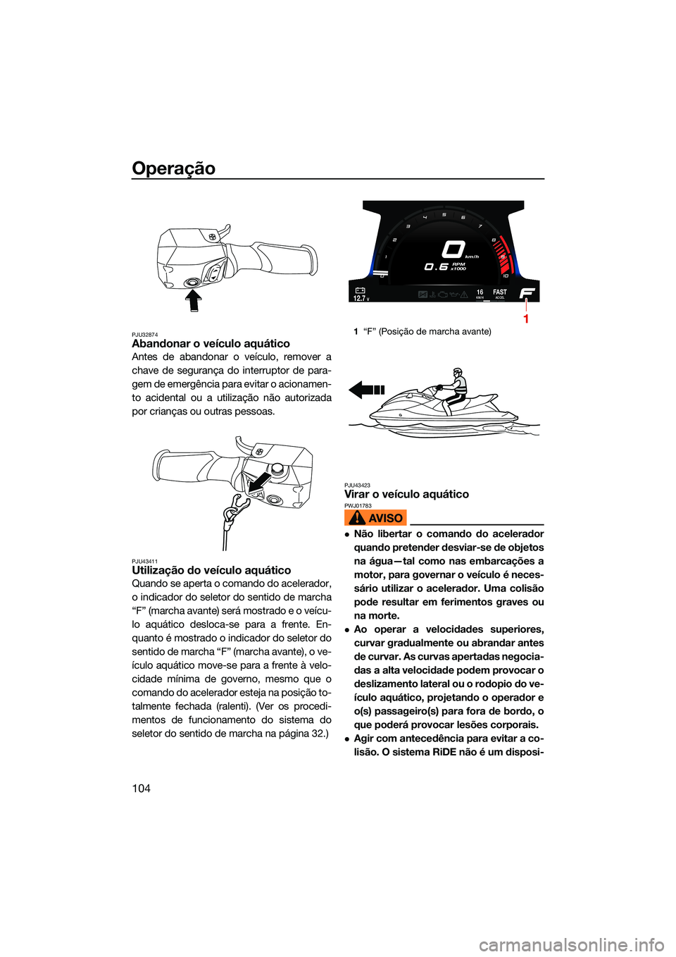 YAMAHA FX SVHO 2022  Manual de utilização (in Portuguese) Operação
104
PJU32874Abandonar o veículo aquático
Antes de abandonar o veículo, remover a
chave de segurança do interruptor de para-
gem de emergência para evitar o acionamen-
to acidental ou a
