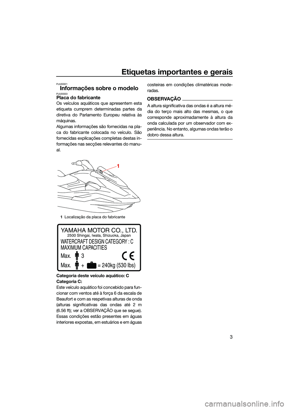 YAMAHA FX SVHO 2022  Manual de utilização (in Portuguese) Etiquetas importantes e gerais
3
PJU30321
Informações sobre o modeloPJU30333Placa do fabricante
Os veículos aquáticos que apresentem esta
etiqueta cumprem determinadas partes da
diretiva do Parlam