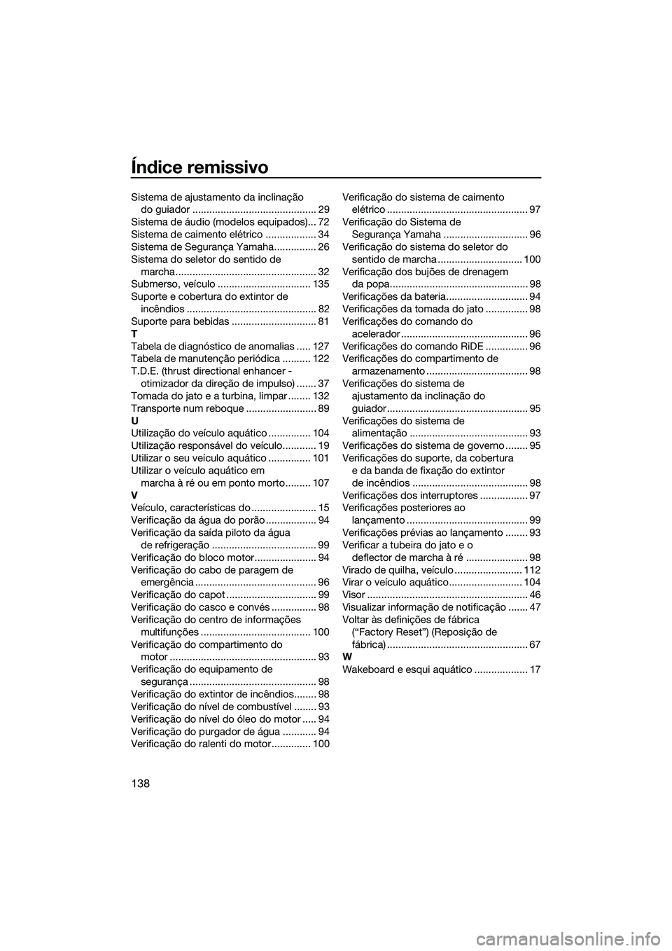 YAMAHA FX SVHO 2022  Manual de utilização (in Portuguese) Índice remissivo
138
Sistema de ajustamento da inclinação do guiador ............................................ 29
Sistema de áudio (modelos equipados)... 72
Sistema de caimento elétrico ......