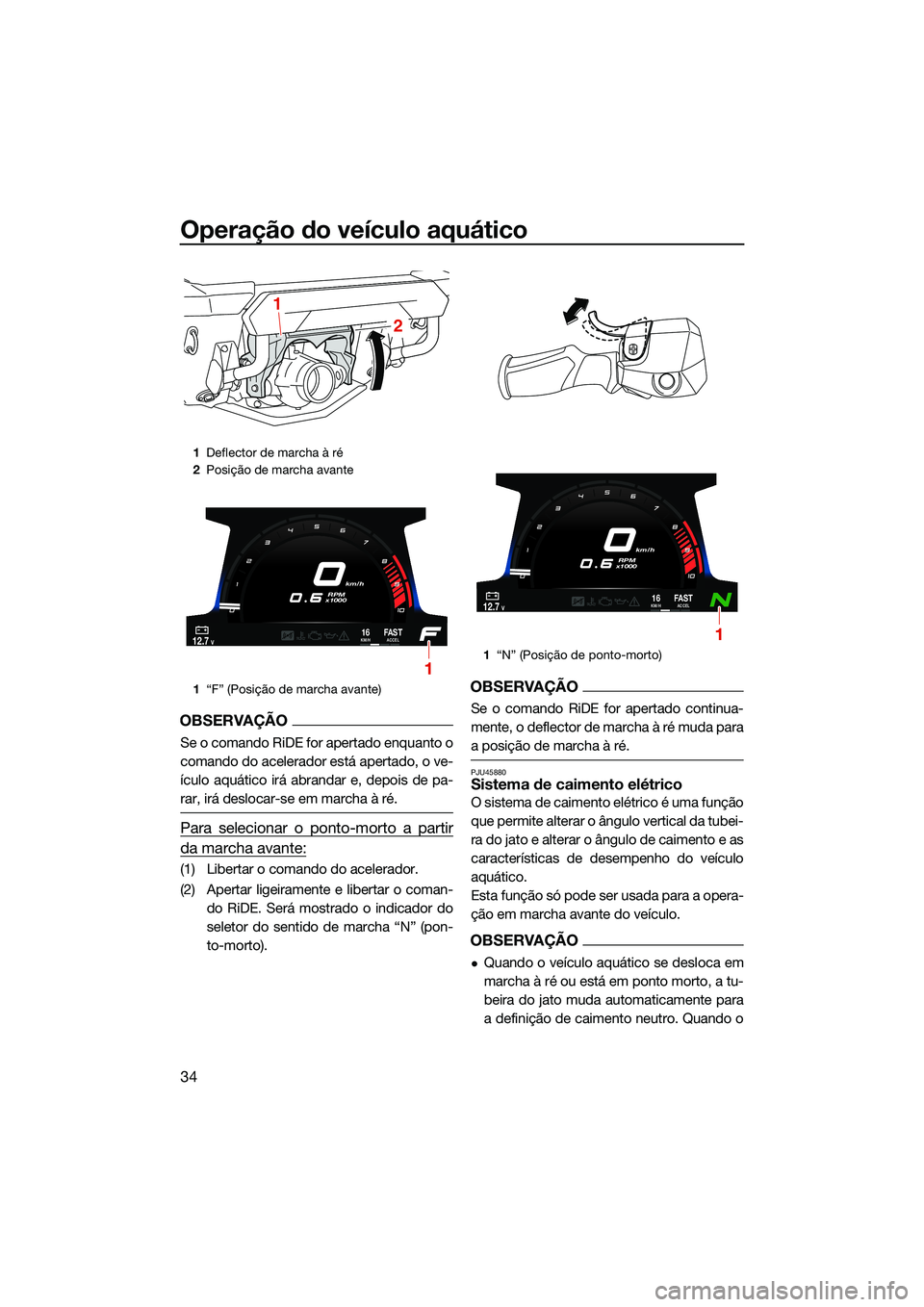 YAMAHA FX SVHO 2022  Manual de utilização (in Portuguese) Operação do veículo aquático
34
OBSERVAÇÃO
Se o comando RiDE for apertado enquanto o
comando do acelerador está apertado, o ve-
ículo aquático irá abrandar e, depois de pa-
rar, irá desloca