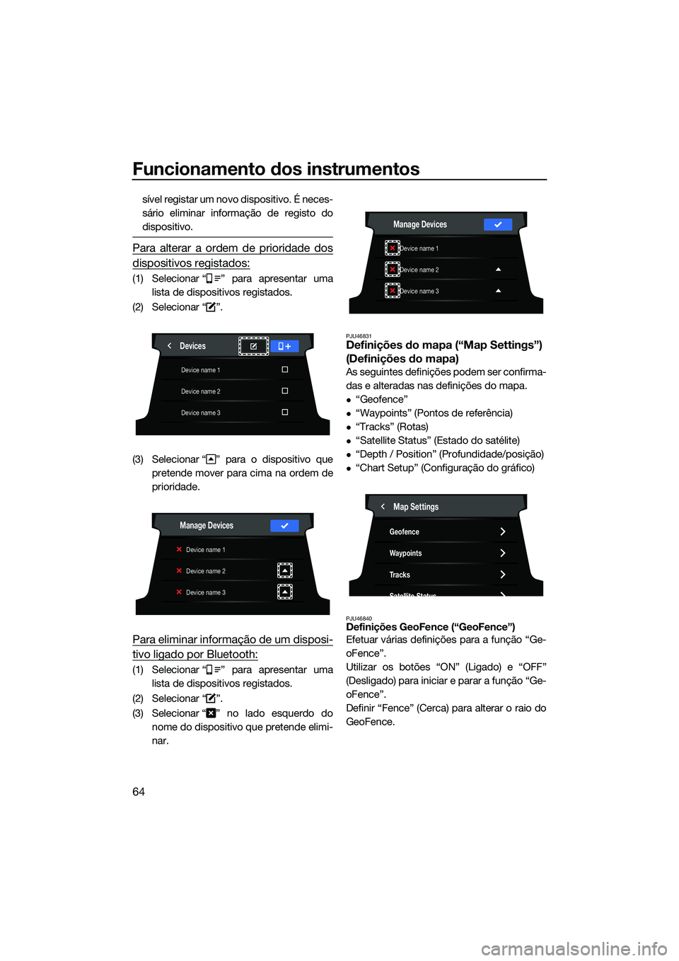 YAMAHA FX SVHO 2022  Manual de utilização (in Portuguese) Funcionamento dos instrumentos
64
sível registar um novo dispositivo. É neces-
sário eliminar informação de registo do
dispositivo.
Para alterar a ordem de prioridade dos
dispositivos registados: