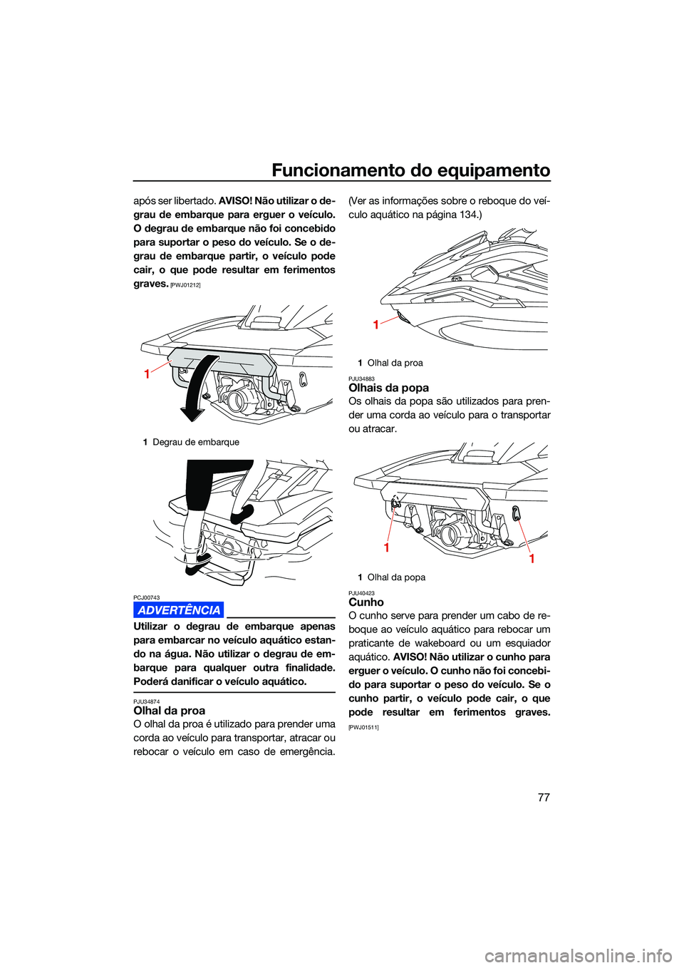 YAMAHA FX SVHO 2022  Manual de utilização (in Portuguese) Funcionamento do equipamento
77
após ser libertado. AVISO! Não utilizar o de-
grau de embarque para erguer o veículo.
O degrau de embarque não foi concebido
para suportar o peso do veículo. Se o 