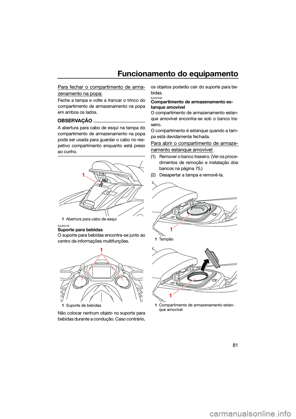 YAMAHA FX SVHO 2022  Manual de utilização (in Portuguese) Funcionamento do equipamento
81
Para fechar o compartimento de arma-
zenamento na popa:
Feche a tampa e volte a trancar o trinco do
compartimento de armazenamento na popa
em ambos os lados.
OBSERVAÇ