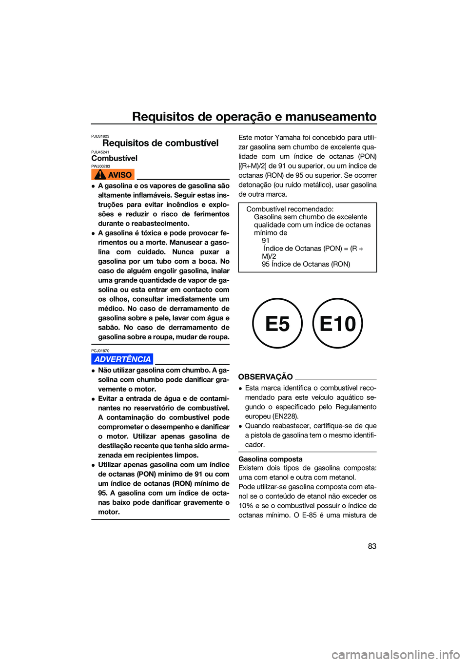 YAMAHA FX SVHO 2022  Manual de utilização (in Portuguese) Requisitos de operação e manuseamento
83
PJU31823
Requisitos de combustívelPJU45241CombustívelPWJ00283
A gasolina e os vapores de gasolina são
altamente inflamáveis. Seguir estas ins-
truçõ