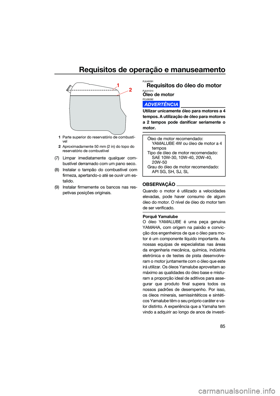 YAMAHA FX SVHO 2022  Manual de utilização (in Portuguese) Requisitos de operação e manuseamento
85
(7) Limpar imediatamente qualquer com-bustível derramado com um pano seco.
(8) Instalar o tampão do combustível com firmeza, apertando-o até se ouvir um 