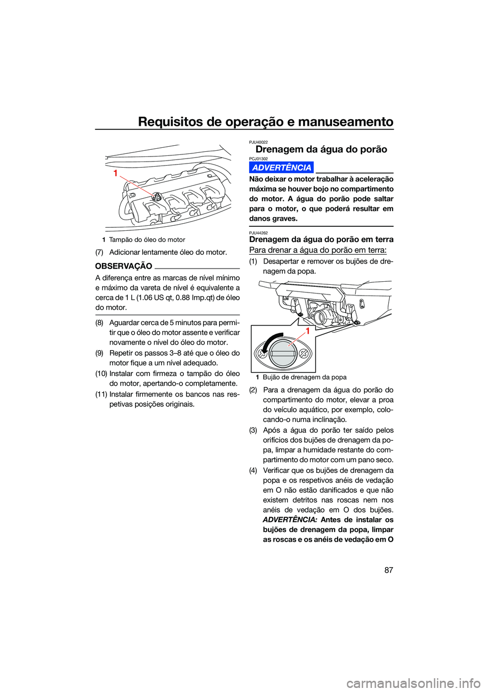 YAMAHA FX SVHO 2022  Manual de utilização (in Portuguese) Requisitos de operação e manuseamento
87
(7) Adicionar lentamente óleo do motor.
OBSERVAÇÃO
A diferença entre as marcas de nível mínimo
e máximo da vareta de nível é equivalente a
cerca de 