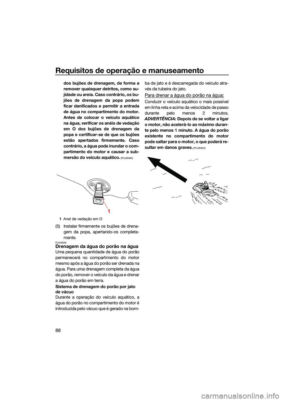 YAMAHA FX SVHO 2022  Manual de utilização (in Portuguese) Requisitos de operação e manuseamento
88
dos bujões de drenagem, de forma a
remover quaisquer detritos, como su-
jidade ou areia. Caso contrário, os bu-
jões de drenagem da popa podem
ficar danif