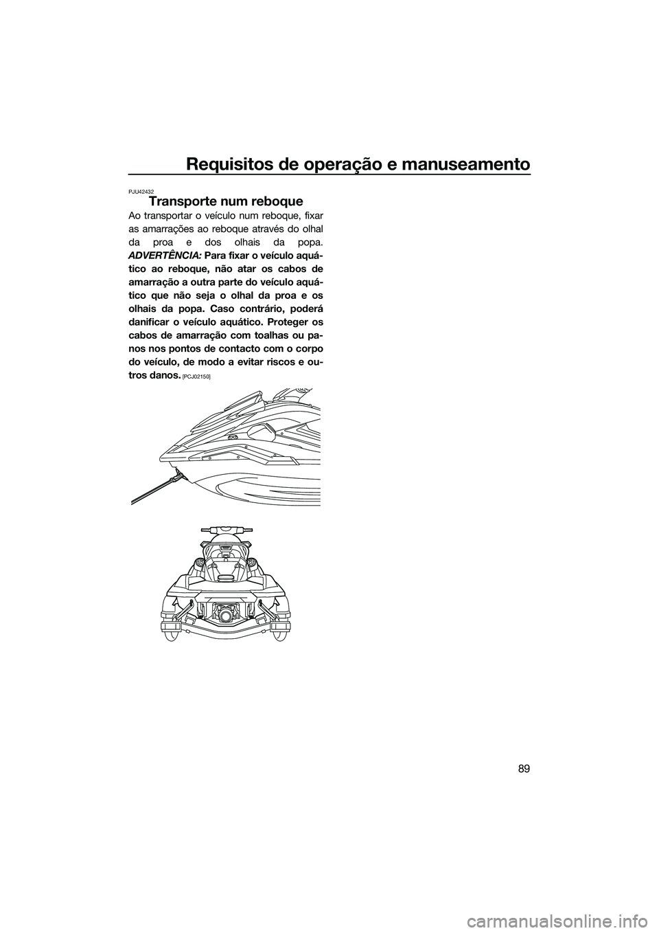 YAMAHA FX SVHO 2022  Manual de utilização (in Portuguese) Requisitos de operação e manuseamento
89
PJU42432
Transporte num reboque
Ao transportar o veículo num reboque, fixar
as amarrações ao reboque através do olhal
da proa e dos olhais da popa.
ADVER