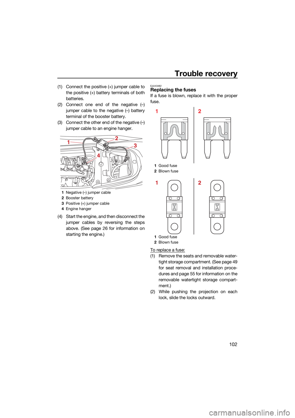 YAMAHA FX SVHO 2021  Owners Manual Trouble recovery
102
(1) Connect the positive (+) jumper cable tothe positive (+) battery terminals of both
batteries.
(2) Connect one end of the negative (–) jumper cable to the negative (–) batt