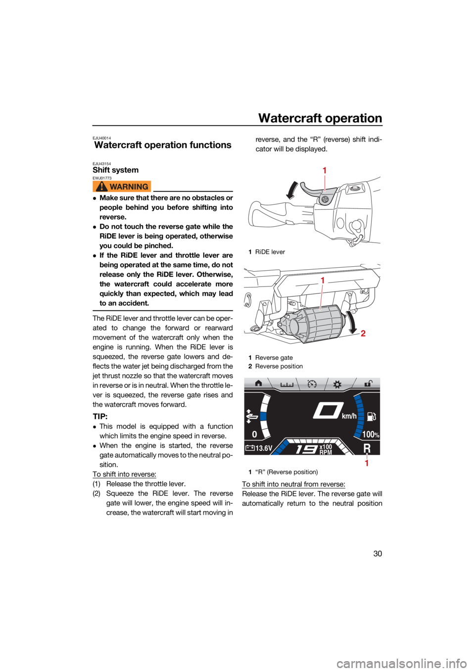 YAMAHA FX SVHO 2021  Owners Manual Watercraft operation
30
EJU40014
Watercraft operation functions
EJU43154Shift system EWJ01773
Make sure that there are no obstacles or
people behind you before shifting into
reverse.
Do not touc