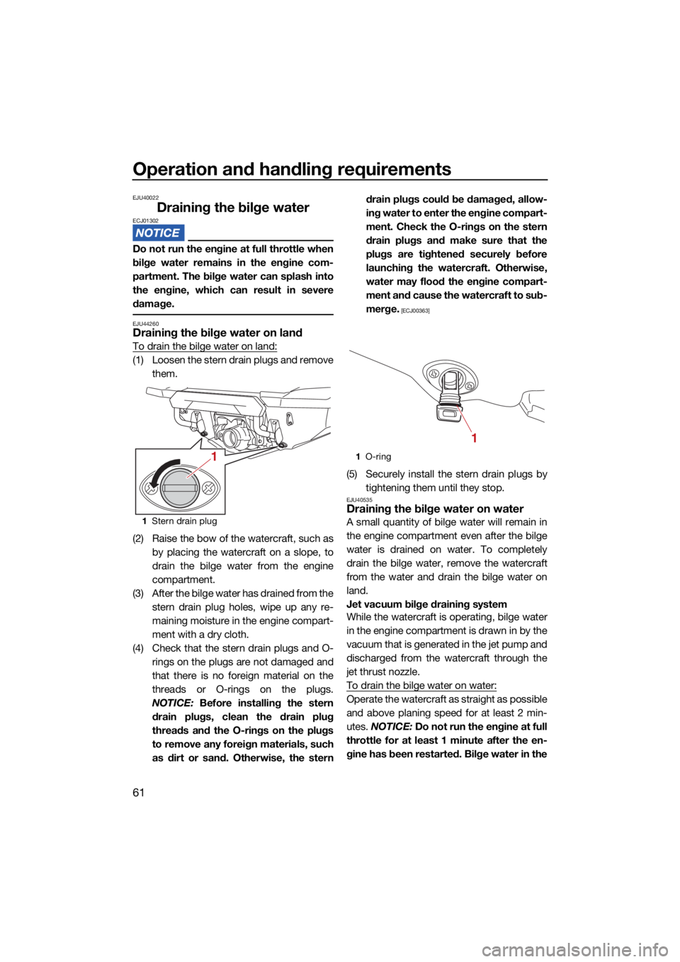 YAMAHA FX SVHO 2021  Owners Manual Operation and handling requirements
61
EJU40022
Draining the bilge waterECJ01302
Do not run the engine at full throttle when
bilge water remains in the engine com-
partment. The bilge water can splash