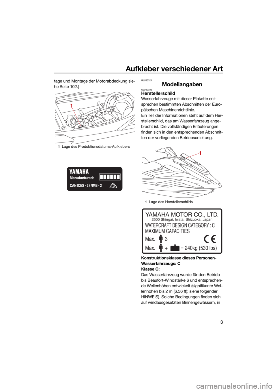 YAMAHA FX SVHO 2021 Betriebsanleitungen (in German) Aufkleber verschiedener Art
3
tage und Montage der Motorabdeckung sie-
he Seite 102.)GJU30321
ModellangabenGJU30333Herstellerschild
Wasserfahrzeuge mit dieser Plakette ent-
sprechen bestimmten Abschni YAMAHA FX SVHO 2021 Betriebsanleitungen (in German) Aufkleber verschiedener Art
3
tage und Montage der Motorabdeckung sie-
he Seite 102.)GJU30321
ModellangabenGJU30333Herstellerschild
Wasserfahrzeuge mit dieser Plakette ent-
sprechen bestimmten Abschni