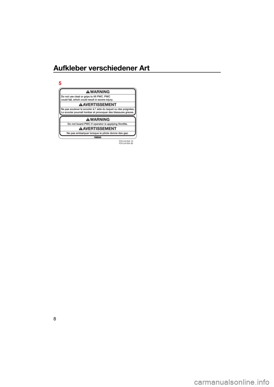 YAMAHA FX SVHO 2021  Betriebsanleitungen (in German) Aufkleber verschiedener Art
8
5
F3V-U416A-10
F3V-U416A-30
UF3X72G0.book  Page 8  Friday, May 29, 2020  10:03 AM 