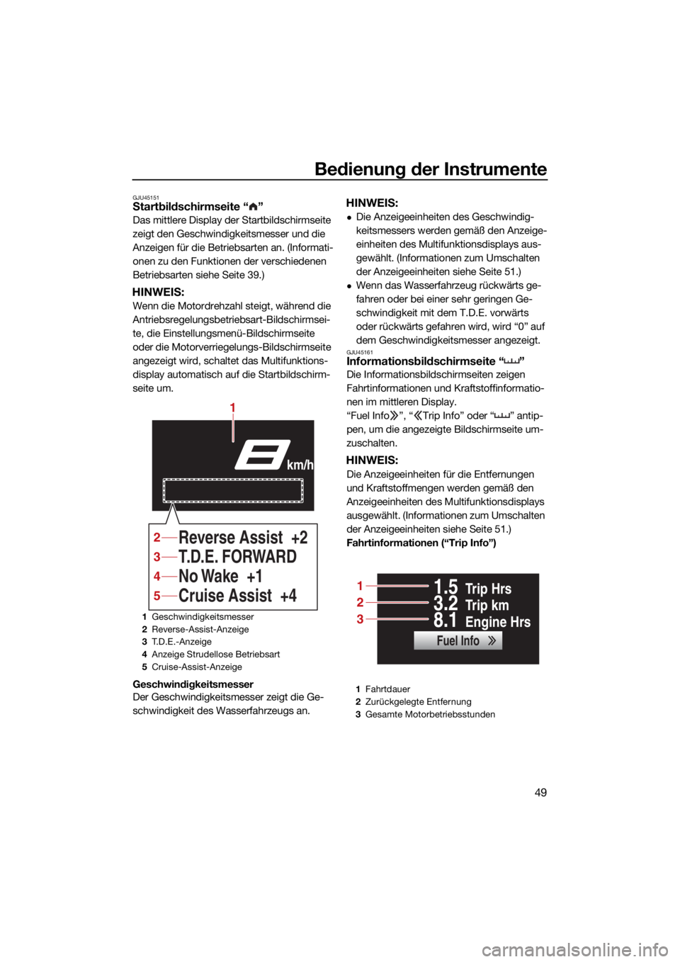 YAMAHA FX SVHO 2021 Betriebsanleitungen (in German) Bedienung der Instrumente
49
GJU45151Startbildschirmseite “ ”
Das mittlere Display der Startbildschirmseite
zeigt den Geschwindigkeitsmesser und die
Anzeigen für die Betriebsarten an. (Informat YAMAHA FX SVHO 2021 Betriebsanleitungen (in German) Bedienung der Instrumente
49
GJU45151Startbildschirmseite “ ”
Das mittlere Display der Startbildschirmseite
zeigt den Geschwindigkeitsmesser und die
Anzeigen für die Betriebsarten an. (Informat