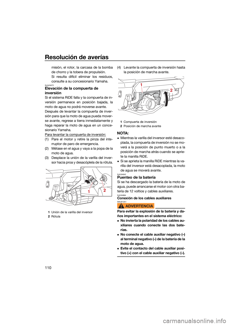 YAMAHA FX SVHO 2021 Manuale de Empleo (in Spanish) Resolución de averías
110
misión, el rotor, la carcasa de la bomba
de chorro y la tobera de propulsión.
Si resulta difícil eliminar los residuos,
consulte a su concesionario Yamaha.
SJU43472Eleva YAMAHA FX SVHO 2021 Manuale de Empleo (in Spanish) Resolución de averías
110
misión, el rotor, la carcasa de la bomba
de chorro y la tobera de propulsión.
Si resulta difícil eliminar los residuos,
consulte a su concesionario Yamaha.
SJU43472Eleva