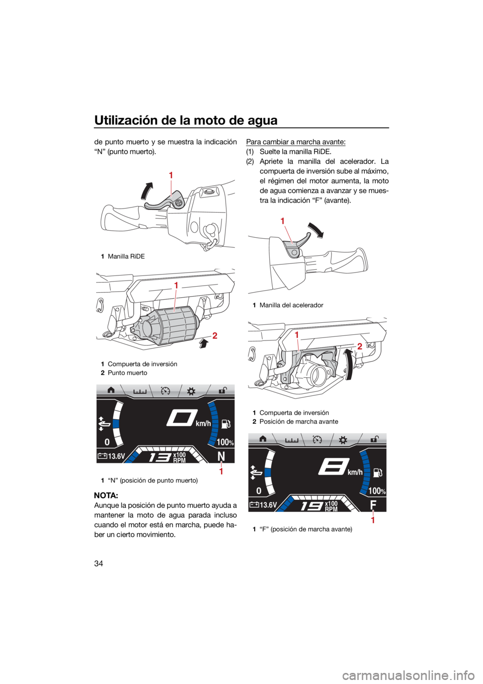 YAMAHA FX SVHO 2021  Manuale de Empleo (in Spanish) Utilización de la moto de agua
34
de punto muerto y se muestra la indicación
“N” (punto muerto).
NOTA:
Aunque la posición de punto muerto ayuda a
mantener la moto de agua parada incluso
cuando 