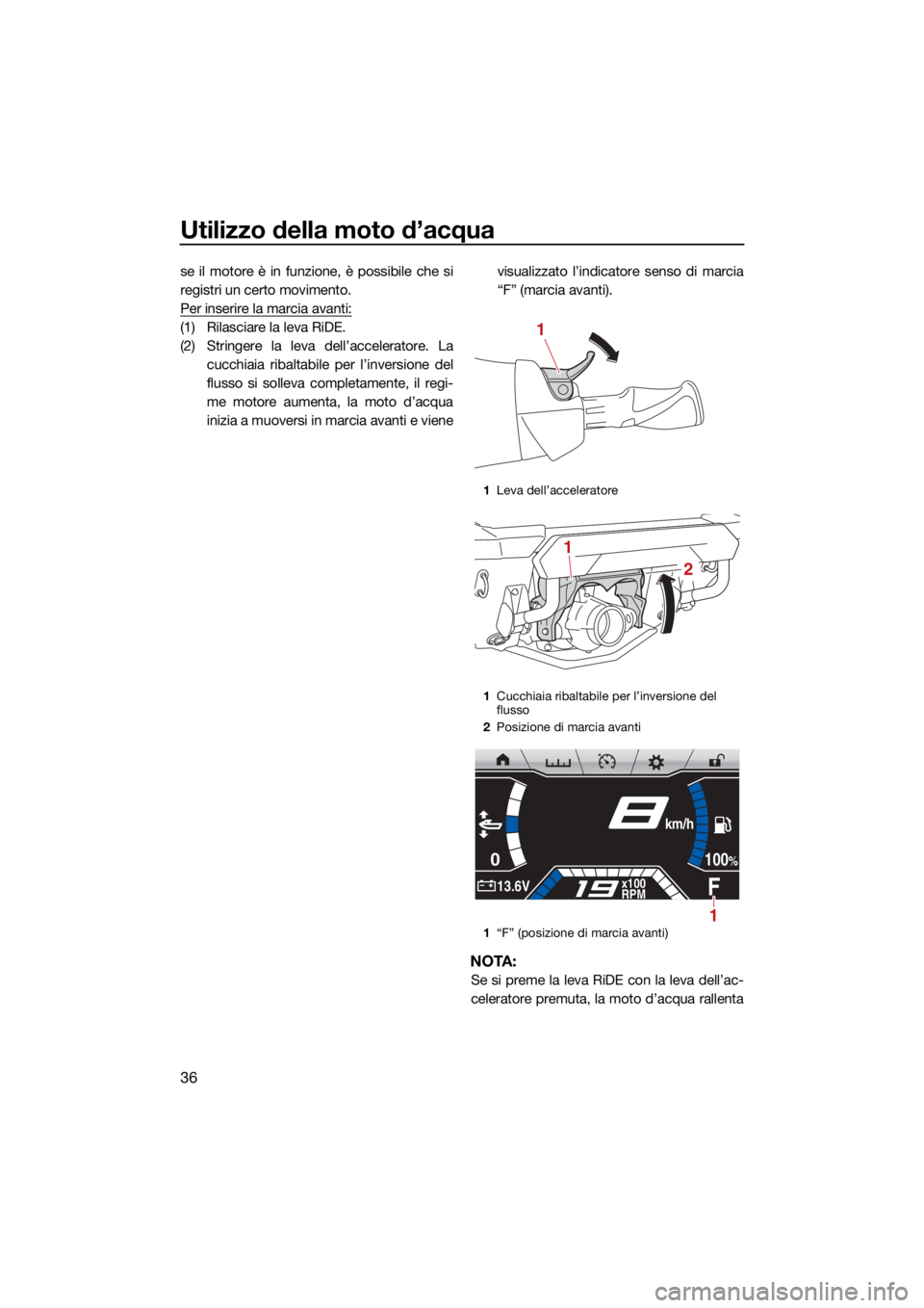 YAMAHA FX SVHO 2021  Manuale duso (in Italian) Utilizzo della moto d’acqua
36
se il motore è in funzione, è possibile che si
registri un certo movimento.
Per inserire la marcia avanti:
(1) Rilasciare la leva RiDE.
(2) Stringere la leva dell’