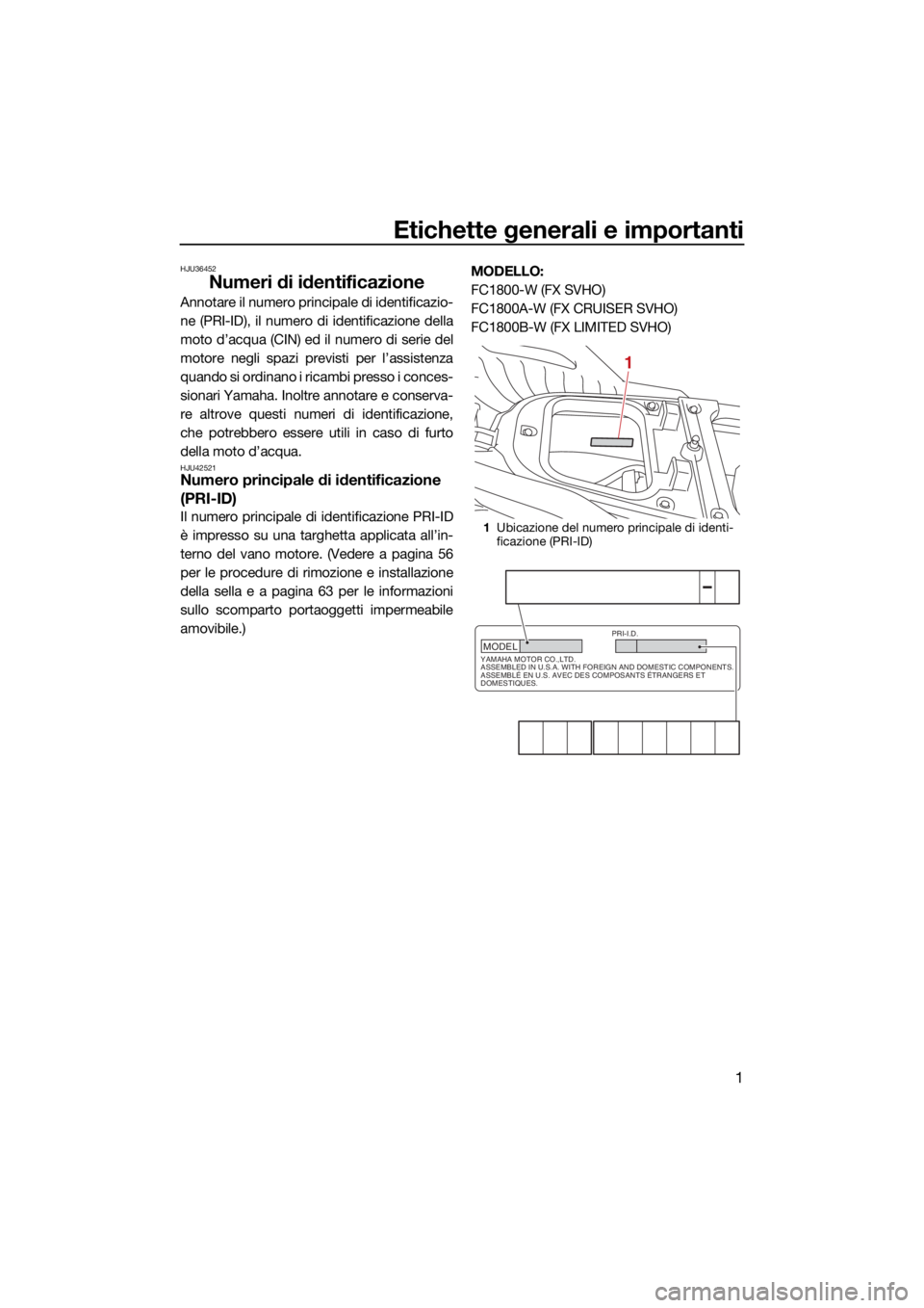 YAMAHA FX SVHO 2021 Manuale duso (in Italian) Etichette generali e importanti
1
HJU36452
Numeri di identificazione
Annotare il numero principale di identificazio-
ne (PRI-ID), il numero di identificazione della
moto d’acqua (CIN) ed il numero d YAMAHA FX SVHO 2021 Manuale duso (in Italian) Etichette generali e importanti
1
HJU36452
Numeri di identificazione
Annotare il numero principale di identificazio-
ne (PRI-ID), il numero di identificazione della
moto d’acqua (CIN) ed il numero d
