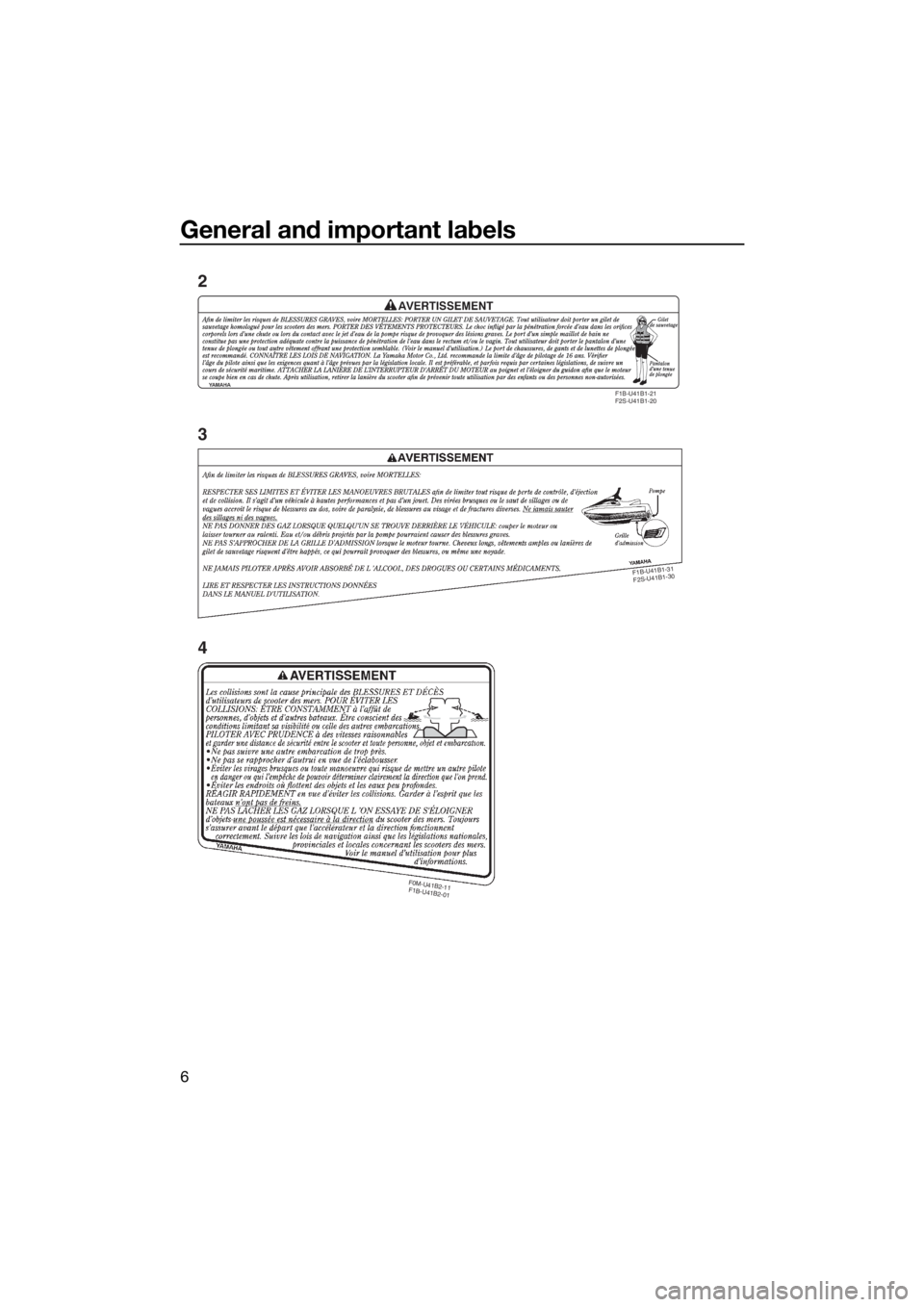 YAMAHA FX SVHO 2019  Owners Manual General and important labels
6
F1B-U41B1-21
F2S-U41B1-20
F0M-U41B2-11
F1B-U41B2-01
F1B-
U41B1-31
F2S-
U41B1-30
2
3
4
UF3X70E0.book  Page 6  Friday, August 24, 2018  9:23 AM 