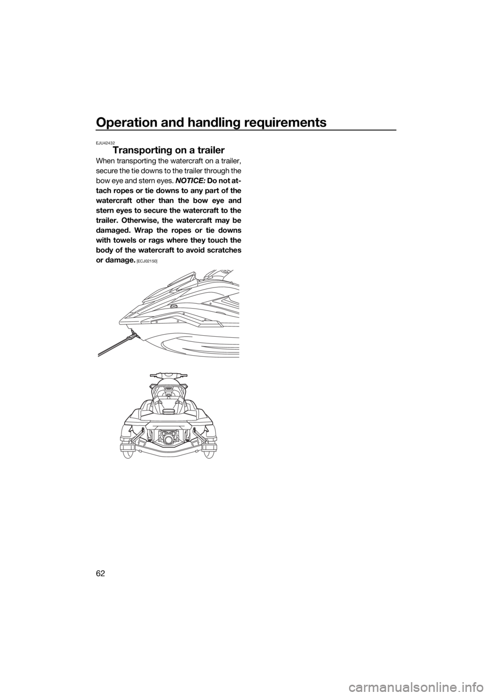 YAMAHA FX SVHO 2019  Owners Manual Operation and handling requirements
62
EJU42432
Transporting on a trailer
When transporting the watercraft on a trailer,
secure the tie downs to the trailer through the
bow eye and stern eyes. NOTICE:
