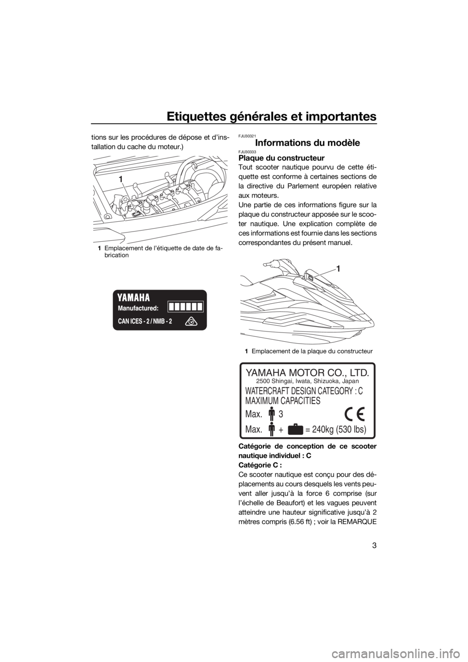 YAMAHA FX SVHO 2019  Notices Demploi (in French) Etiquettes générales et importantes
3
tions sur les procédures de dépose et d’ins-
tallation du cache du moteur.)FJU30321
Informations du modèleFJU30333Plaque du constructeur
Tout scooter nauti