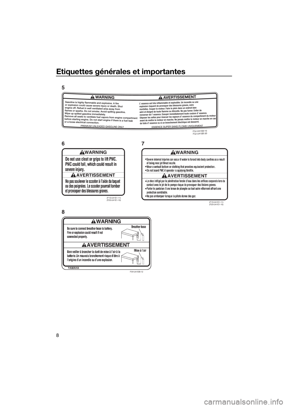 YAMAHA FX SVHO 2019  Notices Demploi (in French) Etiquettes générales et importantes
8
F3J-U415B-
10
F3J-U
415B-
30
F0V-U41DB-12
(F1S-U41E1-11)
(F2S-U41E1-10)(F1S-U41E1-11)
(F2S-U41E1-10)
5
8 67
UF3X70F0.book  Page 8  Thursday, August 23, 2018  10