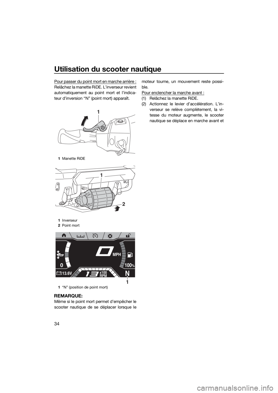 YAMAHA FX SVHO 2019  Notices Demploi (in French) Utilisation du scooter nautique
34
Pour passer du point mort en marche arrière :
Relâchez la manette RiDE. L’inverseur revient
automatiquement au point mort et l’indica-
teur d’inversion “N