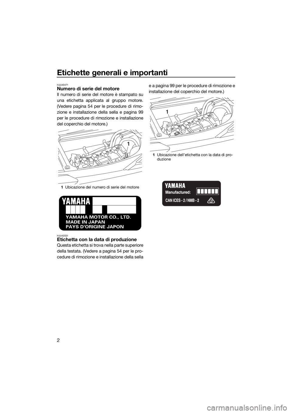 YAMAHA FX SVHO 2019  Manuale duso (in Italian) Etichette generali e importanti
2
HJU40471Numero di serie del motore
Il numero di serie del motore è stampato su
una etichetta applicata al gruppo motore.
(Vedere pagina 54 per le procedure di rimo-
