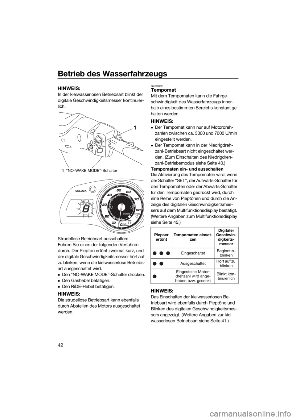 YAMAHA FX SVHO 2018 Betriebsanleitungen (in German) Betrieb des Wasserfahrzeugs
42
HINWEIS:
In der kielwasserlosen Betriebsart blinkt der
digitale Geschwindigkeitsmesser kontinuier-
lich.
Strudellose Betriebsart ausschalten:
Führen Sie eines der folg YAMAHA FX SVHO 2018 Betriebsanleitungen (in German) Betrieb des Wasserfahrzeugs
42
HINWEIS:
In der kielwasserlosen Betriebsart blinkt der
digitale Geschwindigkeitsmesser kontinuier-
lich.
Strudellose Betriebsart ausschalten:
Führen Sie eines der folg