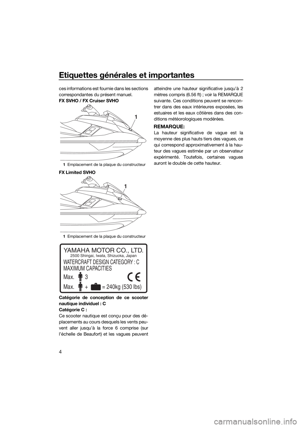 YAMAHA FX SVHO 2018 Notices Demploi (in French) Etiquettes générales et importantes
4
ces informations est fournie dans les sections
correspondantes du présent manuel.
FX SVHO / FX Cruiser SVHO
FX Limited SVHO
Catégorie de conception de ce scoo YAMAHA FX SVHO 2018 Notices Demploi (in French) Etiquettes générales et importantes
4
ces informations est fournie dans les sections
correspondantes du présent manuel.
FX SVHO / FX Cruiser SVHO
FX Limited SVHO
Catégorie de conception de ce scoo