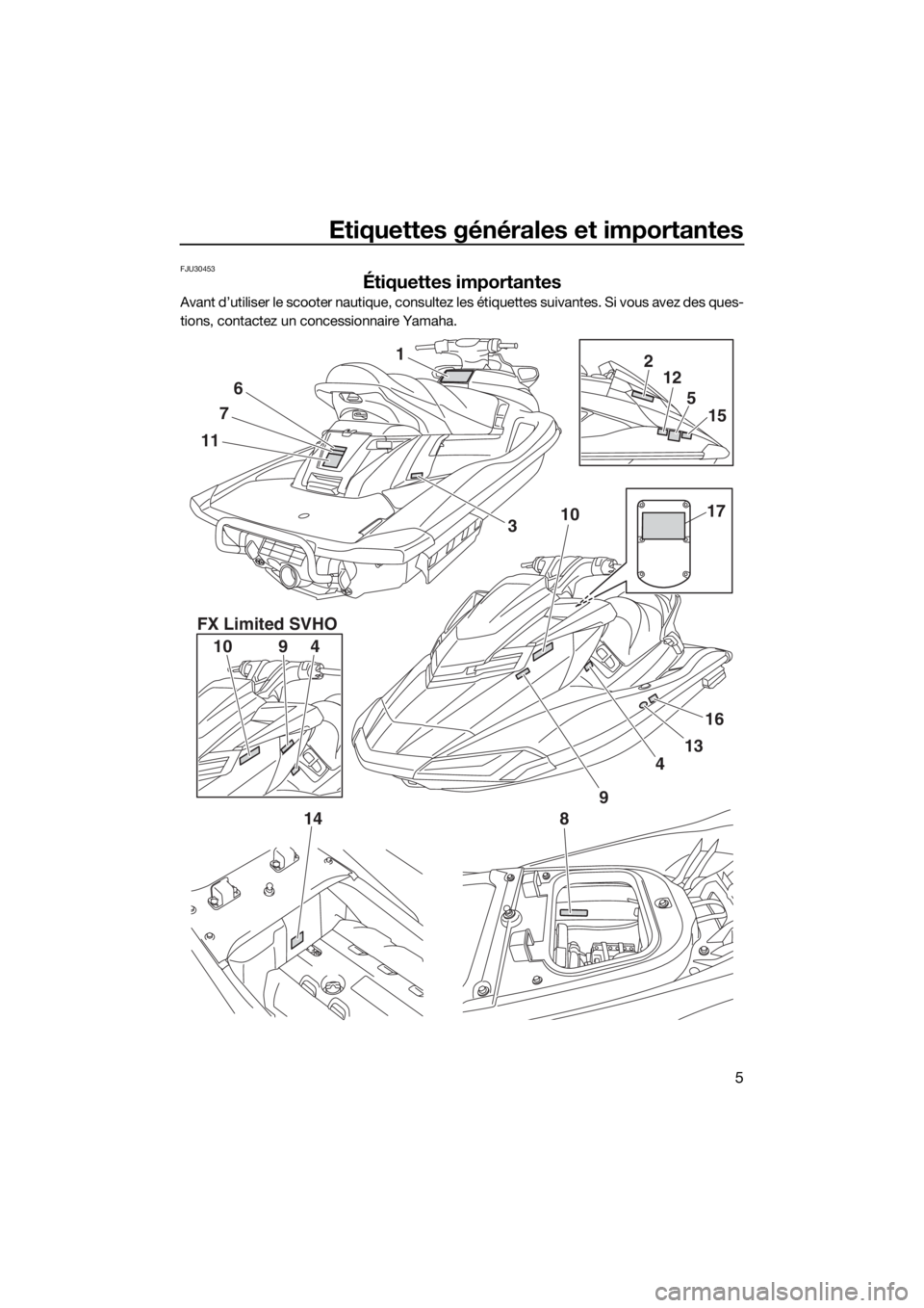YAMAHA FX SVHO 2018  Notices Demploi (in French) Etiquettes générales et importantes
5
FJU30453
Étiquettes importantes
Avant d’utiliser le scooter nautique, consultez les étiquettes suivantes. Si vous avez des ques-
tions, contactez un concess