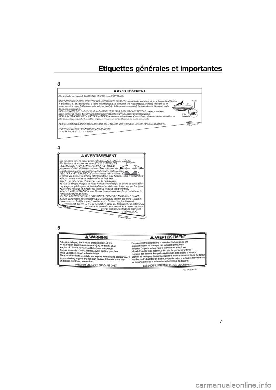 YAMAHA FX SVHO 2018  Notices Demploi (in French) Etiquettes générales et importantes
7
F1B-U41B1-31
F3J-U415B-10
3
4
5
UF3J75F0.book  Page 7  Monday, June 26, 2017  10:10 AM 