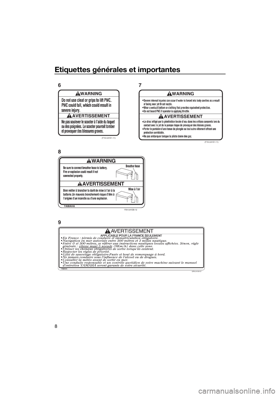 YAMAHA FX SVHO 2018  Notices Demploi (in French) Etiquettes générales et importantes
8
F0V-U41DB-12
(F1S-U41E1-11)(F1S-U41E1-11)
8 67
GP8-U416H-01
9
UF3J75F0.book  Page 8  Monday, June 26, 2017  10:10 AM 