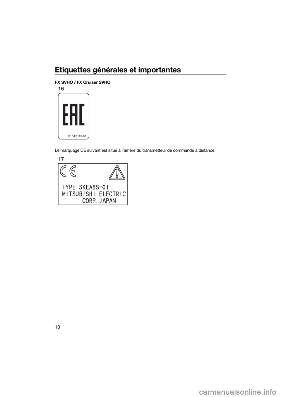 YAMAHA FX SVHO 2018  Notices Demploi (in French) Etiquettes générales et importantes
10
FX SVHO / FX Cruiser SVHO
Le marquage CE suivant est situé à l’arrière du transmetteur de commande à distance.
B16-F811S-00
16
17
UF3J75F0.book  Page 10 