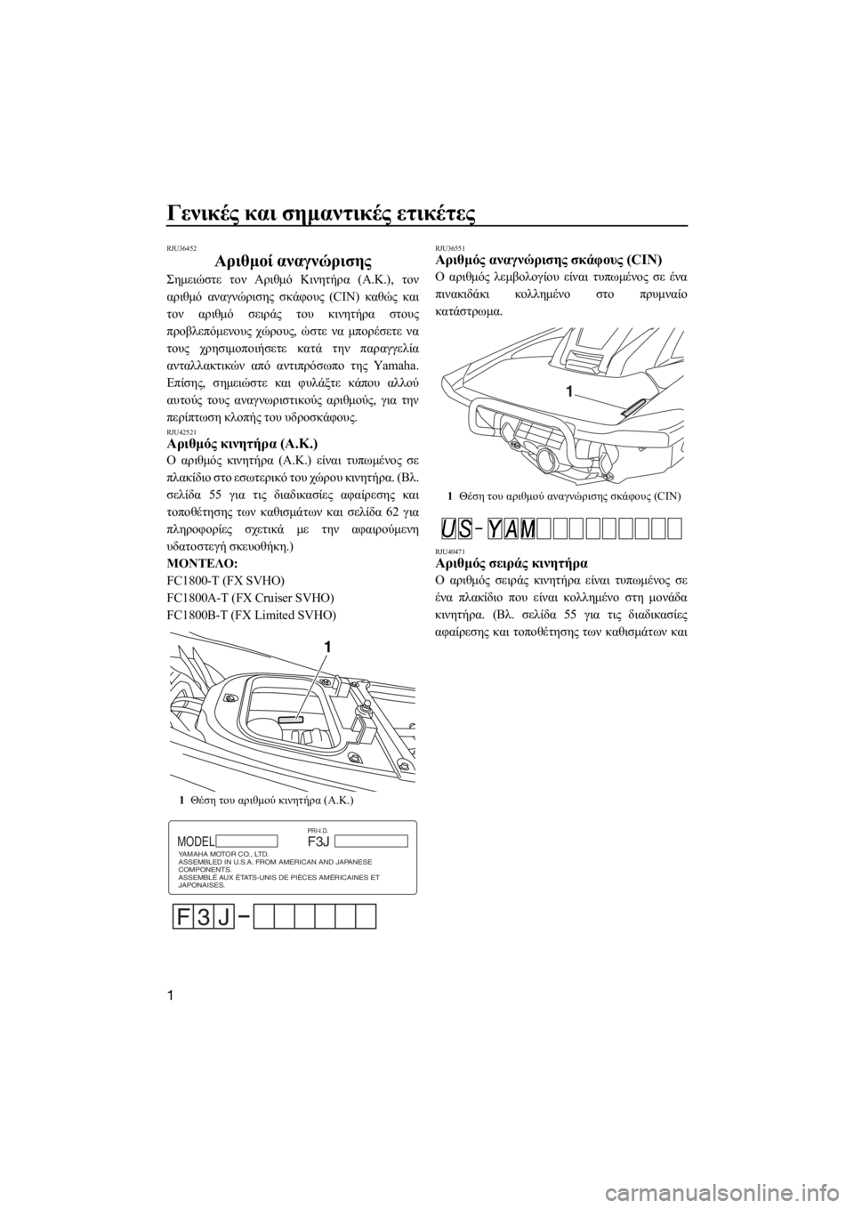 YAMAHA FX SVHO 2018  ΟΔΗΓΌΣ ΧΡΉΣΗΣ (in Greek) Γενικές και σημαντικές ετικέτες
1
RJU36452
Αριθμοί αναγνώρισης
Σημειώστε τον Αριθμό Κινητήρα (Α.Κ.), τον
αριθμό αν
