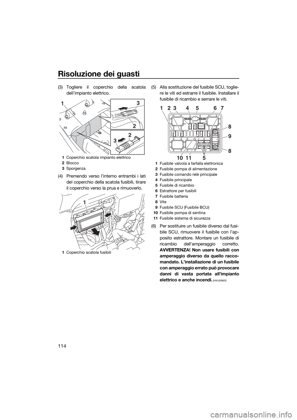 YAMAHA FX SVHO 2018 Manuale duso (in Italian) Risoluzione dei guasti
114
(3) Togliere il coperchio della scatola
dell’impianto elettrico.
(4) Premendo verso l’interno entrambi i lati
del coperchio della scatola fusibili, tirare
il coperchio v YAMAHA FX SVHO 2018 Manuale duso (in Italian) Risoluzione dei guasti
114
(3) Togliere il coperchio della scatola
dell’impianto elettrico.
(4) Premendo verso l’interno entrambi i lati
del coperchio della scatola fusibili, tirare
il coperchio v