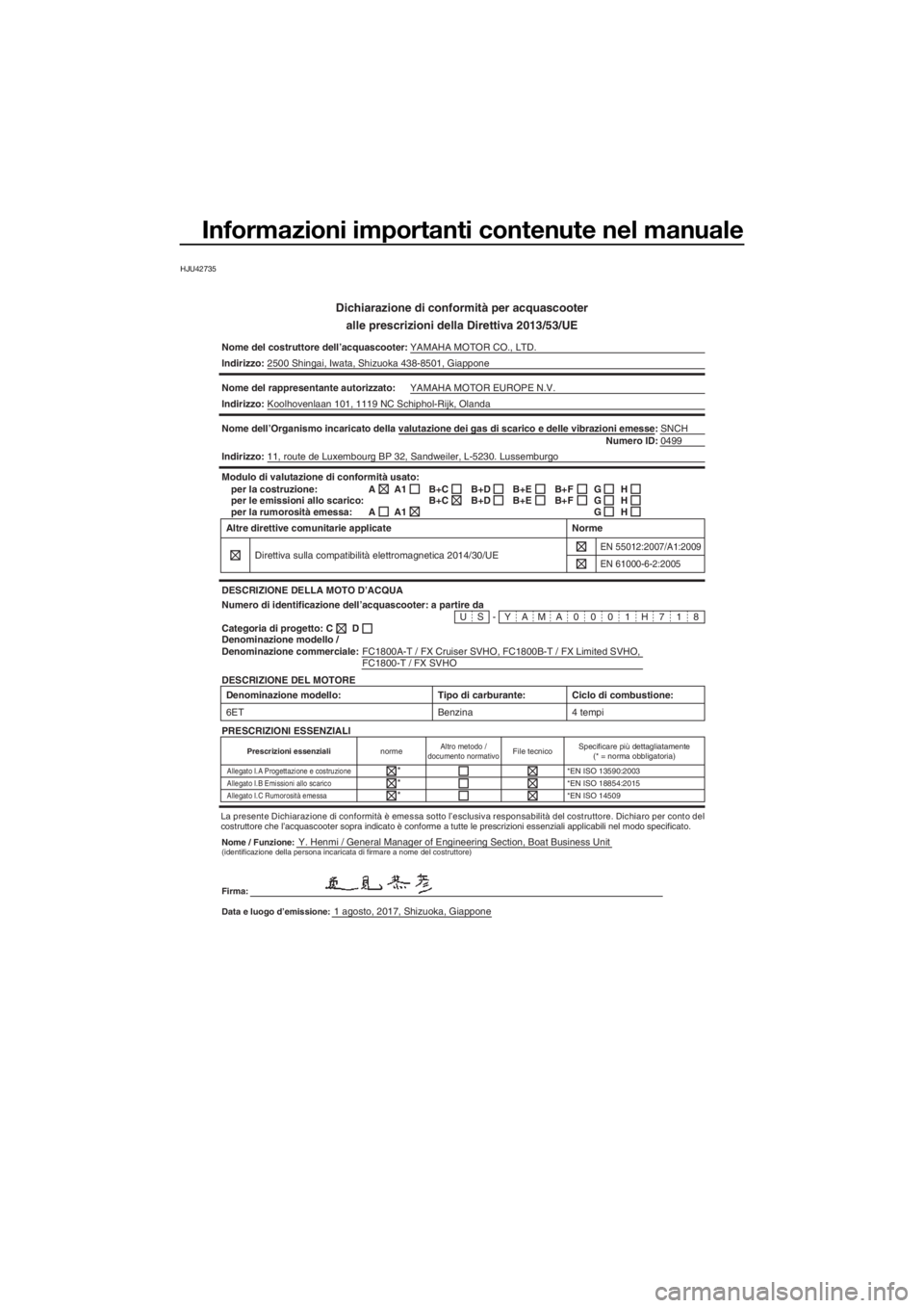 YAMAHA FX SVHO 2018  Manuale duso (in Italian) Informazioni importanti contenute nel manuale
HJU42735
Dichiarazione di conformità per acquascooter
alle prescrizioni della Direttiva 2013/53/UE
Nome del costruttore dell’acquascooter:YAMAHA MOTOR 