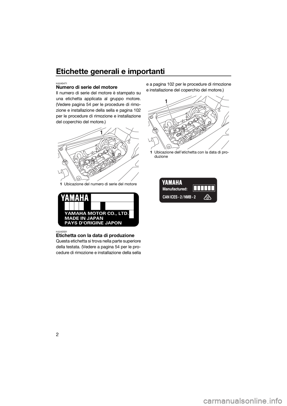 YAMAHA FX SVHO 2018  Manuale duso (in Italian) Etichette generali e importanti
2
HJU40471Numero di serie del motore
Il numero di serie del motore è stampato su
una etichetta applicata al gruppo motore.
(Vedere pagina 54 per le procedure di rimo-
