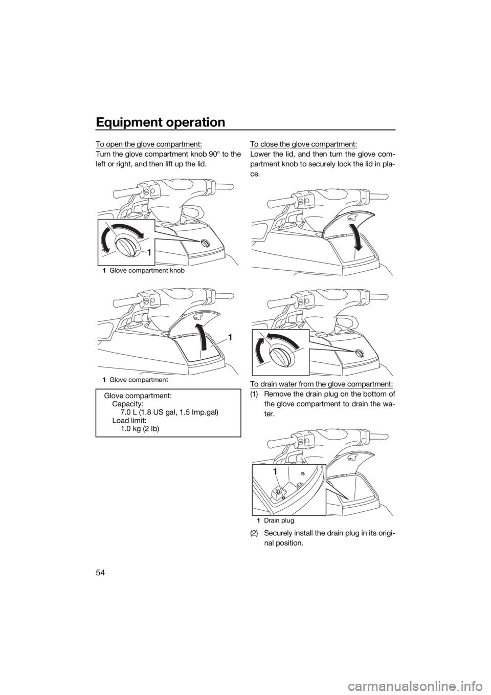 YAMAHA FX SVHO 2017  Owners Manual Equipment operation
54
To open the glove compartment:
Turn the glove compartment knob 90° to the
left or right, and then lift up the lid.To close the glove compartment:Lower the lid, and then turn th
