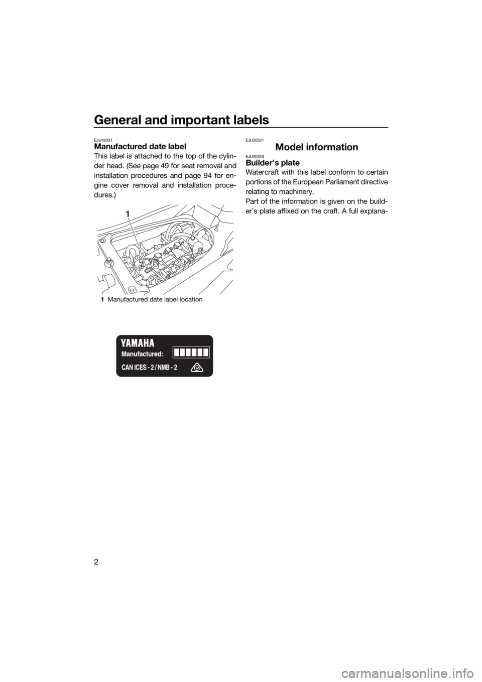 YAMAHA FX SVHO 2017  Owners Manual General and important labels
2
EJU42031Manufactured date label
This label is attached to the top of the cylin-
der head. (See page 49 for seat removal and
installation procedures and page 94 for en-
g