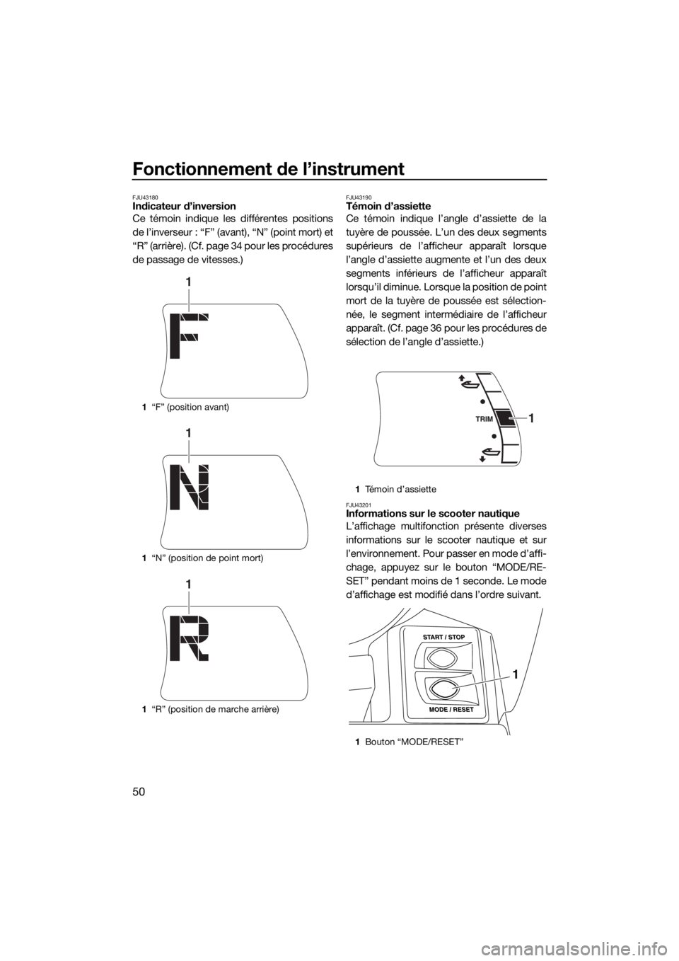 YAMAHA FX SVHO 2017 Notices Demploi (in French) Fonctionnement de l’instrument
50
FJU43180Indicateur d’inversion
Ce témoin indique les différentes positions
de l’inverseur : “F” (avant), “N” (point mort) et
“R” (arrière). (Cf. YAMAHA FX SVHO 2017 Notices Demploi (in French) Fonctionnement de l’instrument
50
FJU43180Indicateur d’inversion
Ce témoin indique les différentes positions
de l’inverseur : “F” (avant), “N” (point mort) et
“R” (arrière). (Cf.