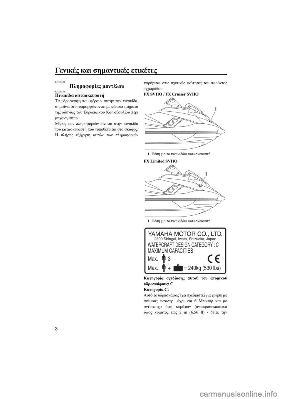 YAMAHA FX SVHO 2017  ΟΔΗΓΌΣ ΧΡΉΣΗΣ (in Greek) Γενικές και σημαντικές ετικέτες
3
RJU30321
Πληροφορίες μοντέλουRJU30333Πινακίδα κατασκευαστή
Τα υδροσκάφη που φέρο