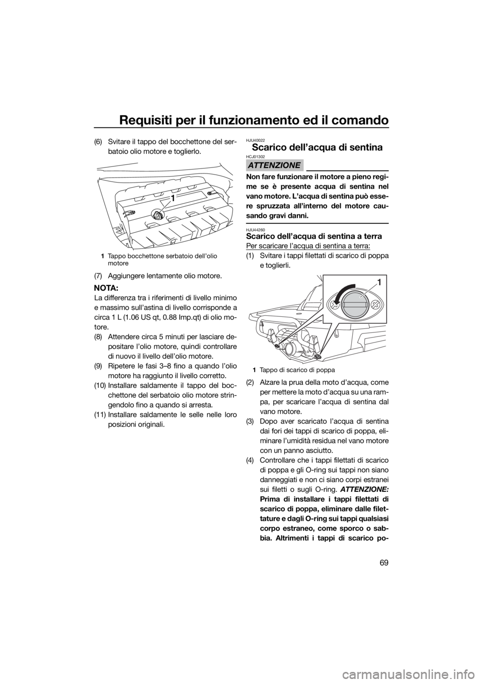 YAMAHA FX SVHO 2017  Manuale duso (in Italian) Requisiti per il funzionamento ed il comando
69
(6) Svitare il tappo del bocchettone del ser-
batoio olio motore e toglierlo.
(7) Aggiungere lentamente olio motore.
NOTA:
La differenza tra i riferimen