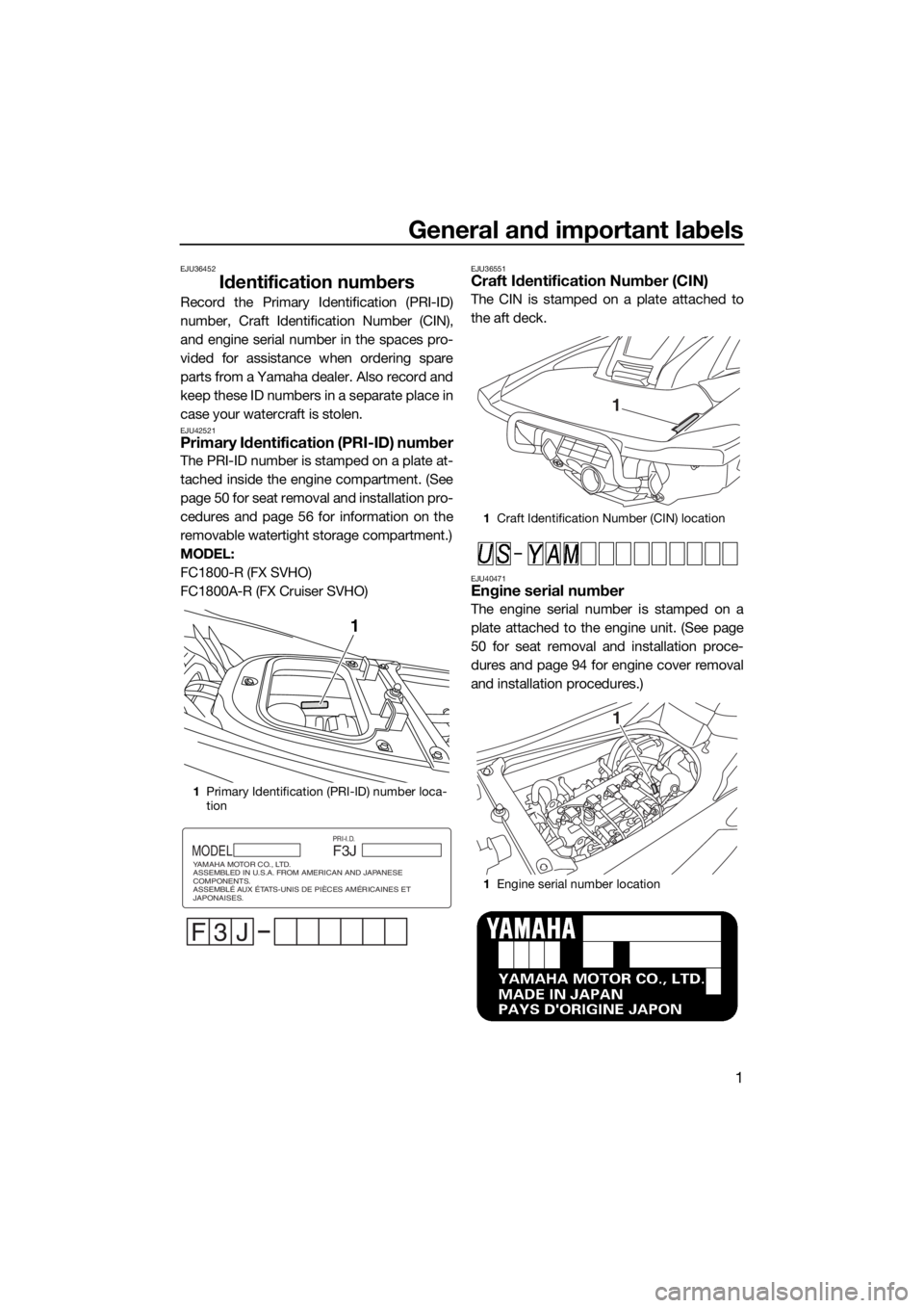 YAMAHA FX SVHO 2016 Owners Manual General and important labels
1
EJU36452
Identification numbers
Record the Primary Identification (PRI-ID)
number, Craft Identification Number (CIN),
and engine serial number in the spaces pro-
vided f YAMAHA FX SVHO 2016 Owners Manual General and important labels
1
EJU36452
Identification numbers
Record the Primary Identification (PRI-ID)
number, Craft Identification Number (CIN),
and engine serial number in the spaces pro-
vided f